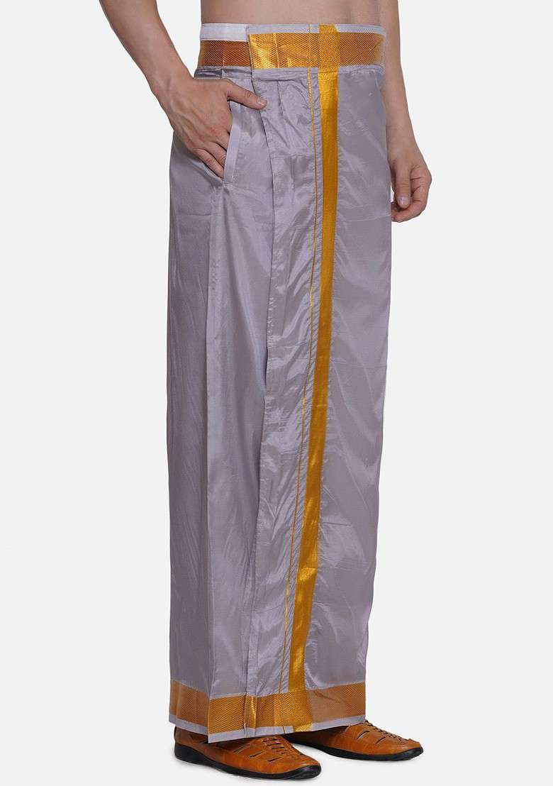 Grey Border Detail Veshti For Men - Indya