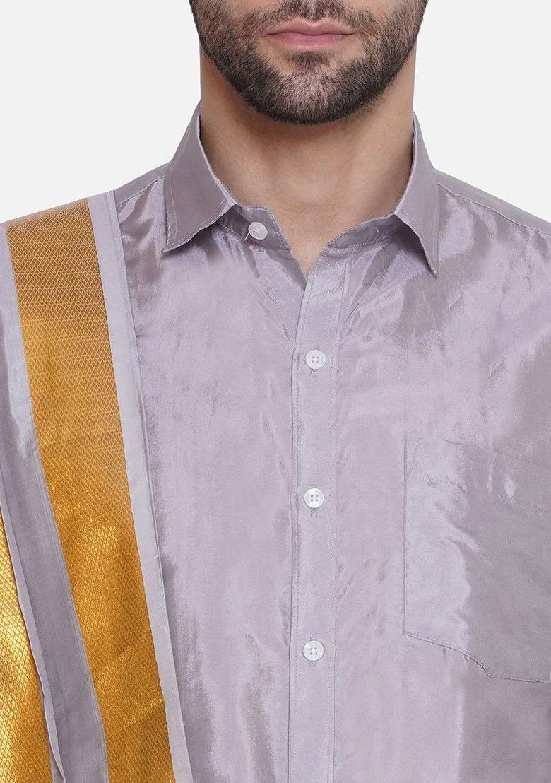 Grey Border Detail Veshti For Men - Indya