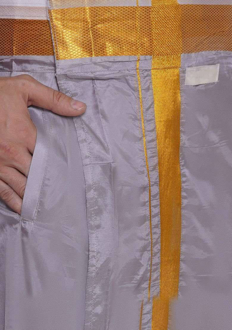 Grey Border Detail Veshti For Men - Indya