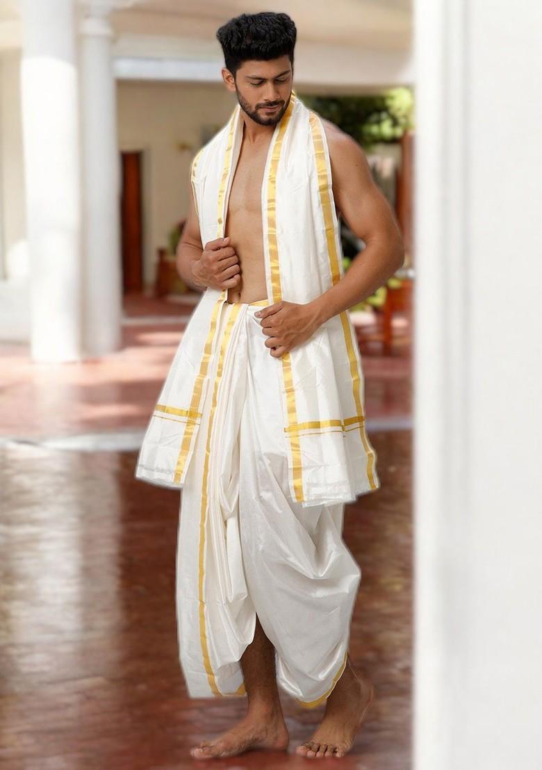 White Panchakacham With Angavastram For Men - Indya
