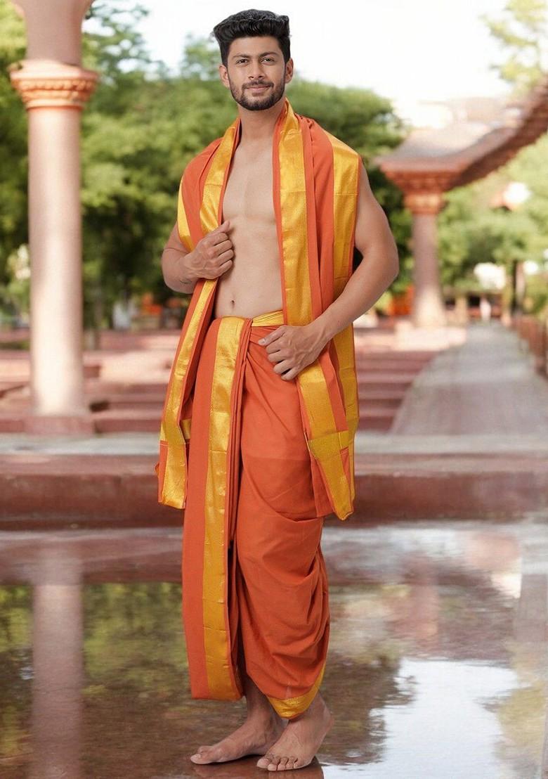 Orange Panchakacham With Angavastram For Men - Indya
