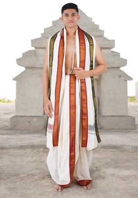 Cream Kora Cotton Panchakacham With Angavasthram For Men