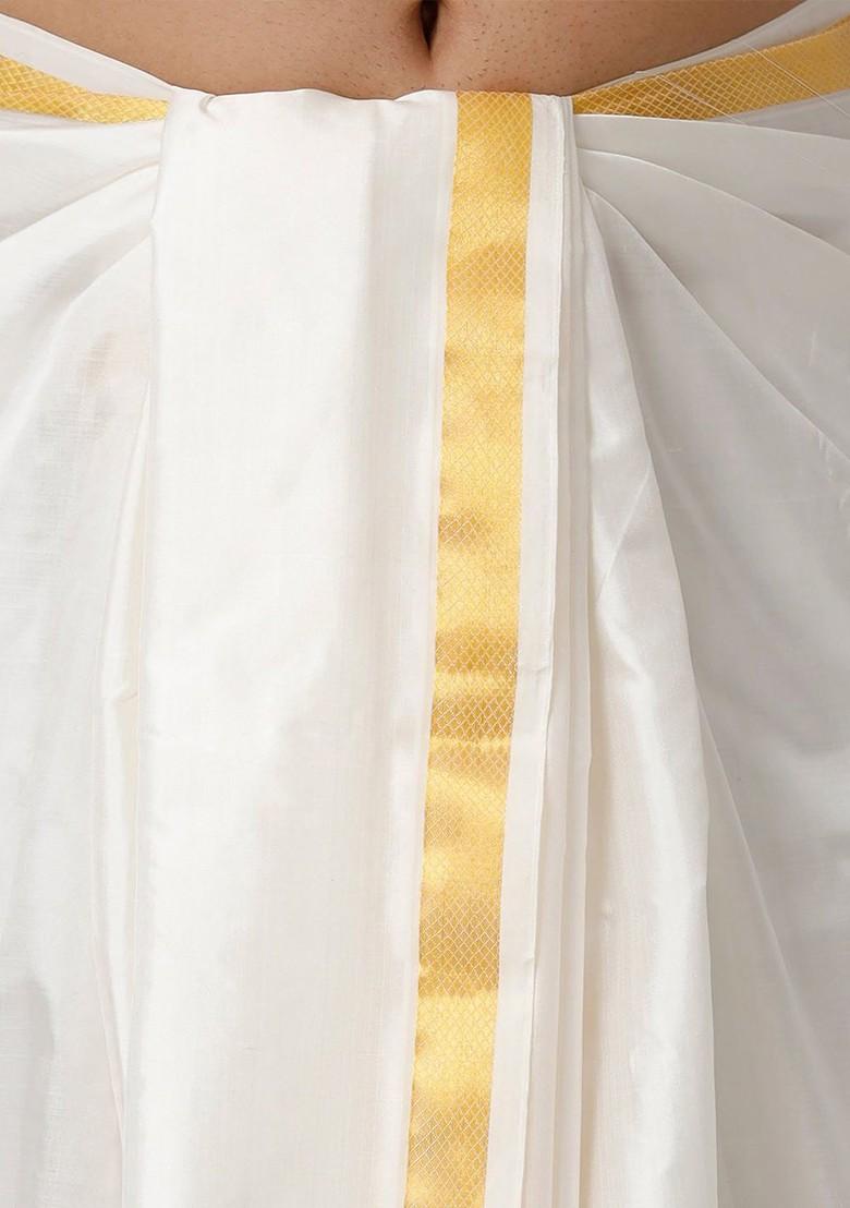 Cream Traditional Panchakacham With Angavastram For Men - Indya