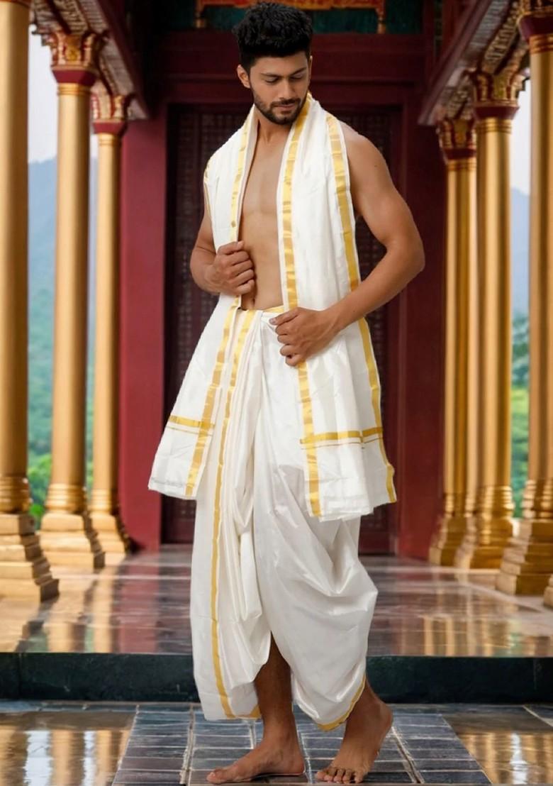 Cream Traditional Panchakacham With Angavastram For Men - Indya