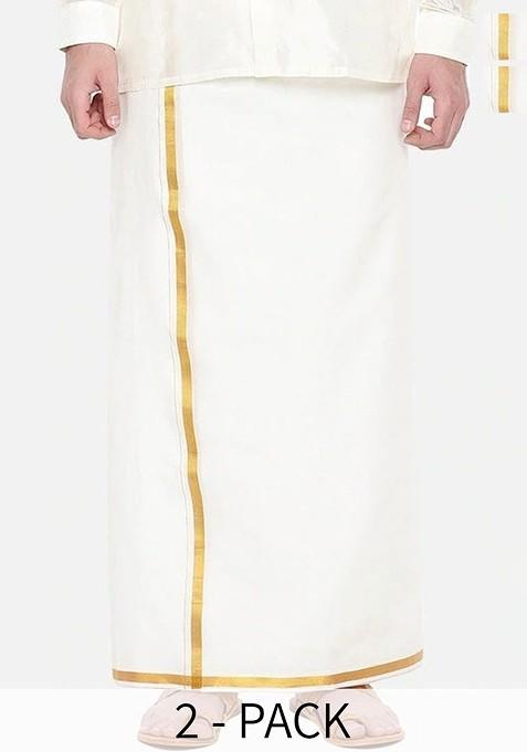 White Pack Of 2 Pure Cotton Zari Border Veshtis For Men