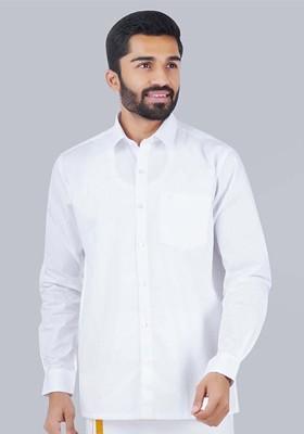 White Spread Collar Long Sleeves Shirt With Veshti For Men