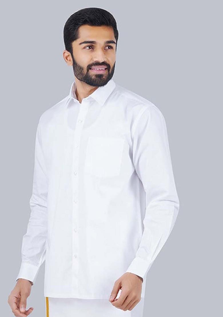 White Spread Collar Long Sleeves Shirt With Veshti For Men - Indya