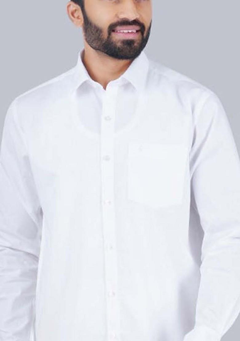 White Spread Collar Long Sleeves Shirt With Veshti For Men - Indya