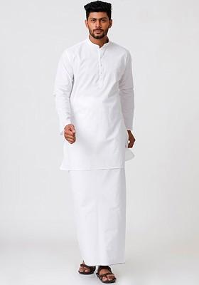 White Mandarin Collar Pure Cotton Kurta With Veshti For Men