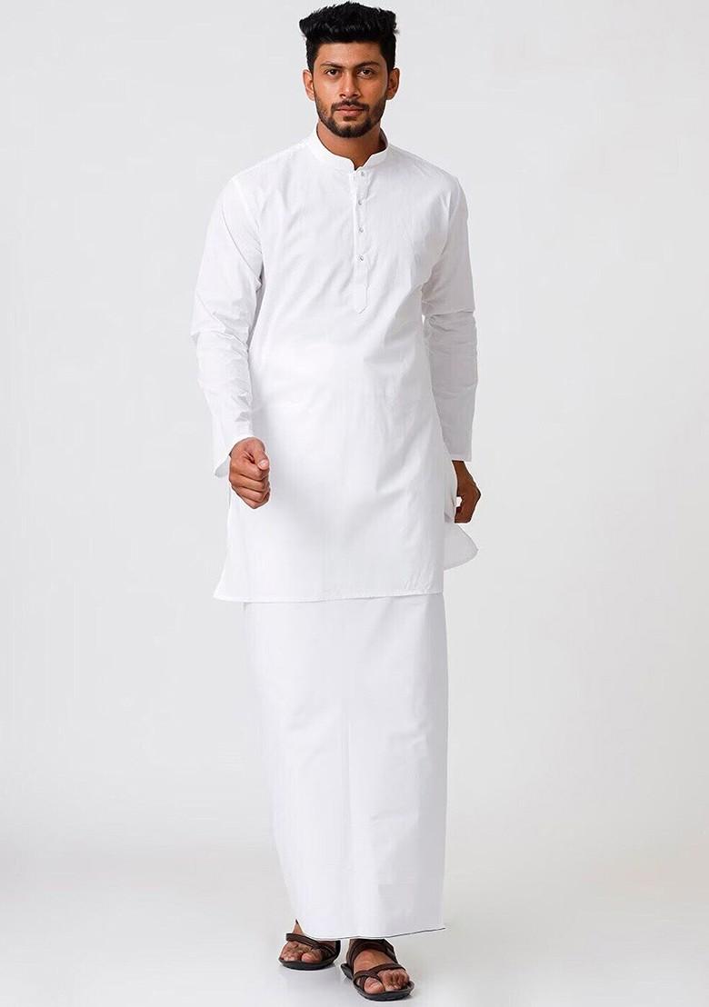 White Mandarin Collar Pure Cotton Kurta With Veshti For Men