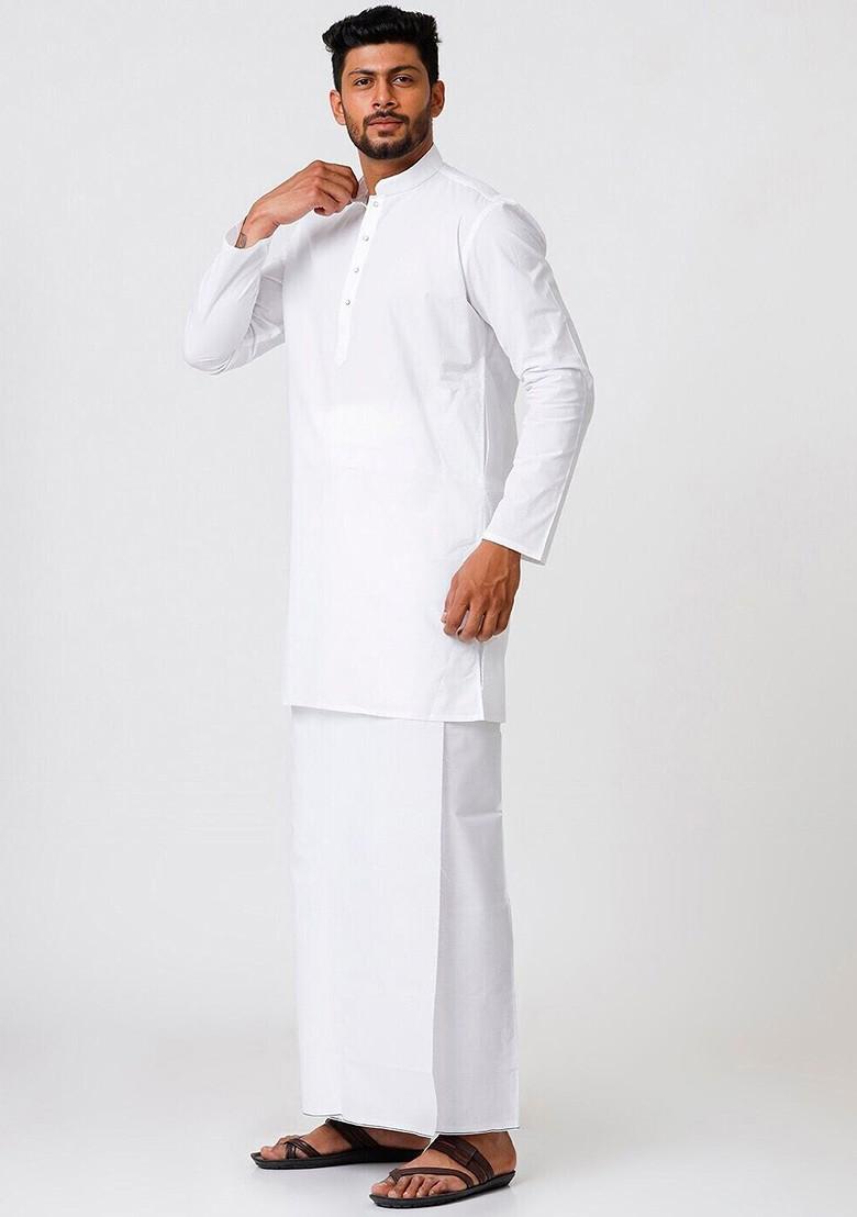 White Mandarin Collar Pure Cotton Kurta With Veshti For Men