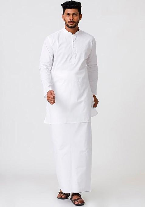White Mandarin Collar Pure Cotton Kurta With Veshti For Men
