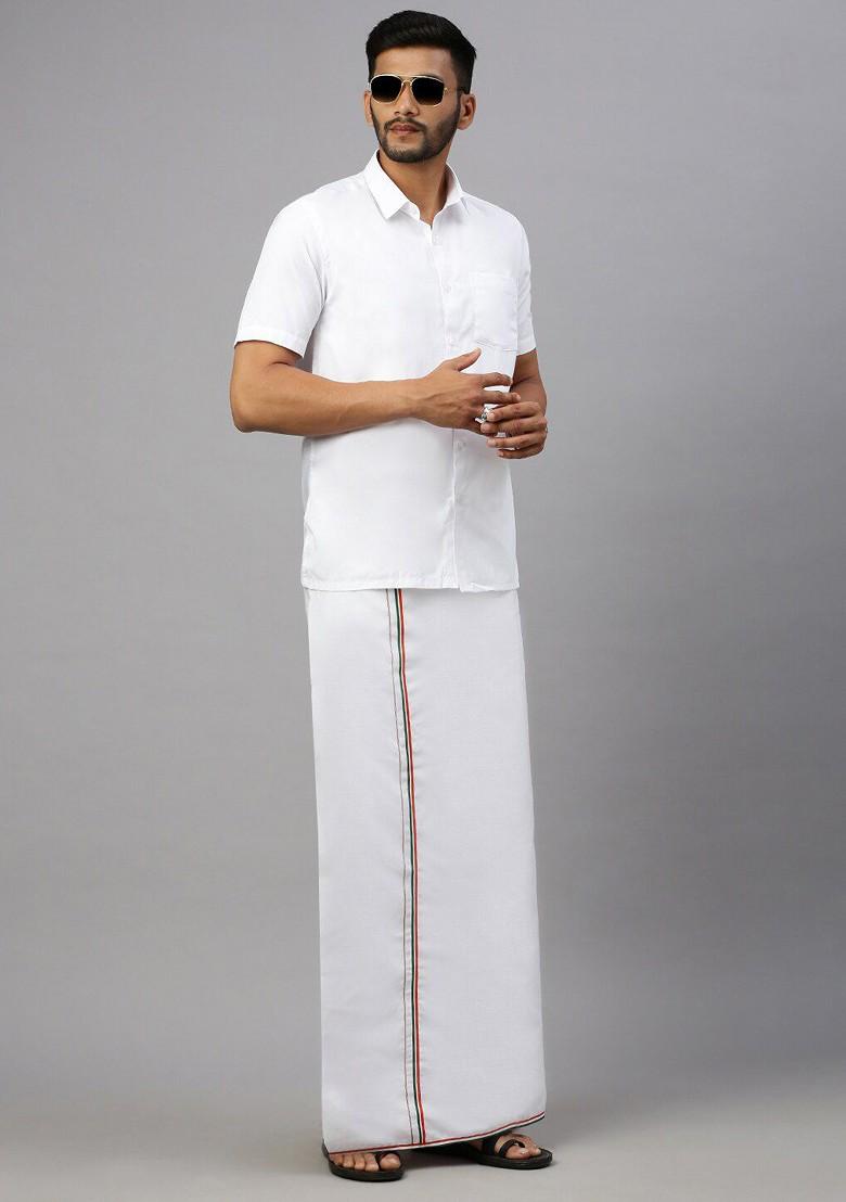 White Shirt Collar Short Sleeves Shirt With Veshti For Men