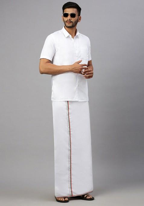 White Shirt Collar Short Sleeves Shirt With Veshti For Men