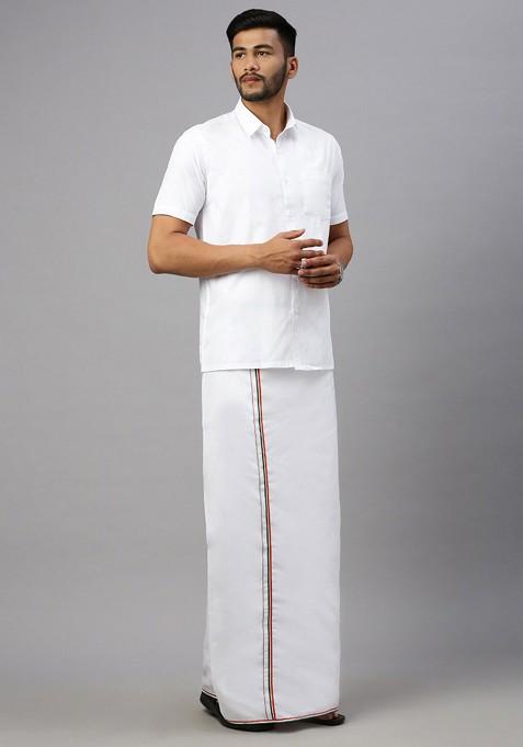 White Shirt Collar Short Sleeves Shirt With Veshti For Men