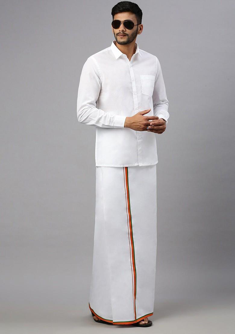 White Shirt Collar Long Sleeves Shirt With Veshti For Men - Indya
