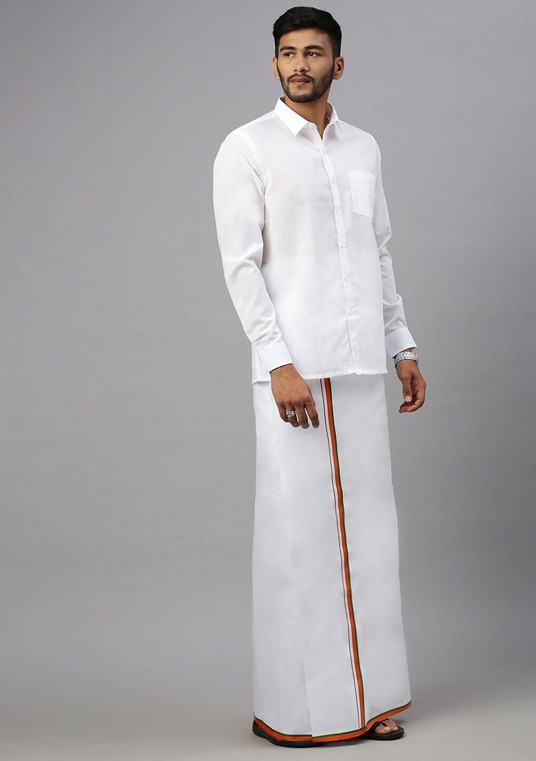 White Shirt Collar Long Sleeves Shirt With Veshti For Men - Indya