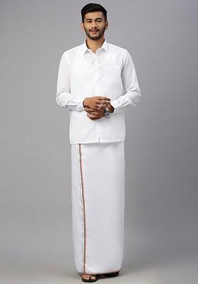 White Shirt Collar Long Sleeves Shirt With Veshti For Men