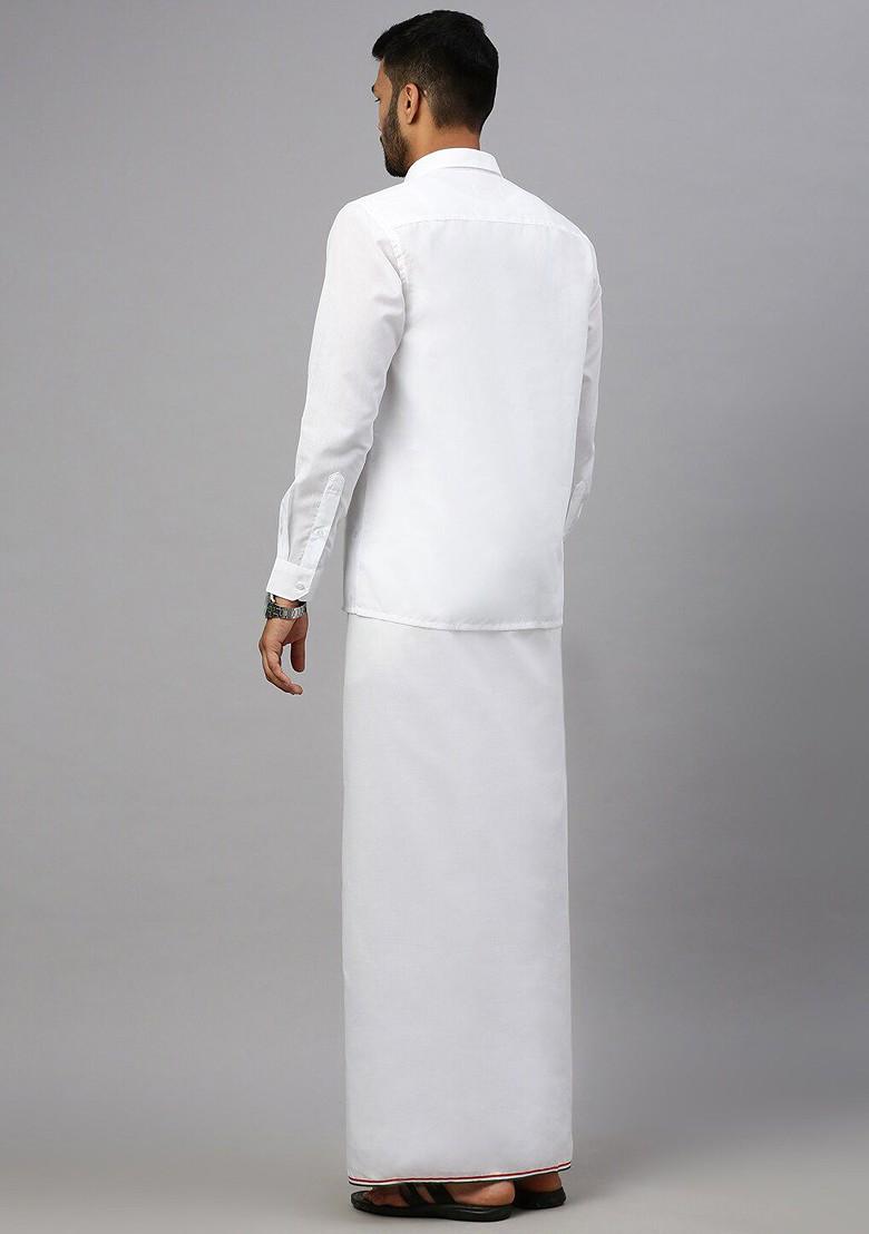 White Shirt Collar Long Sleeves Shirt With Veshti For Men