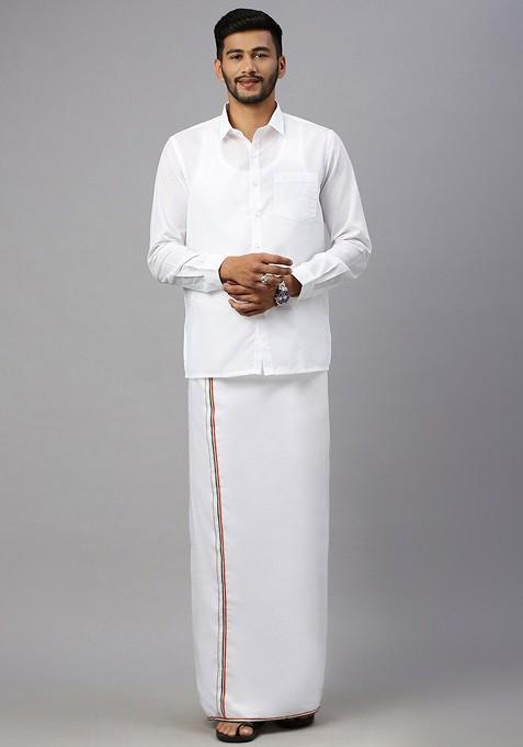 White Shirt Collar Long Sleeves Shirt With Veshti For Men
