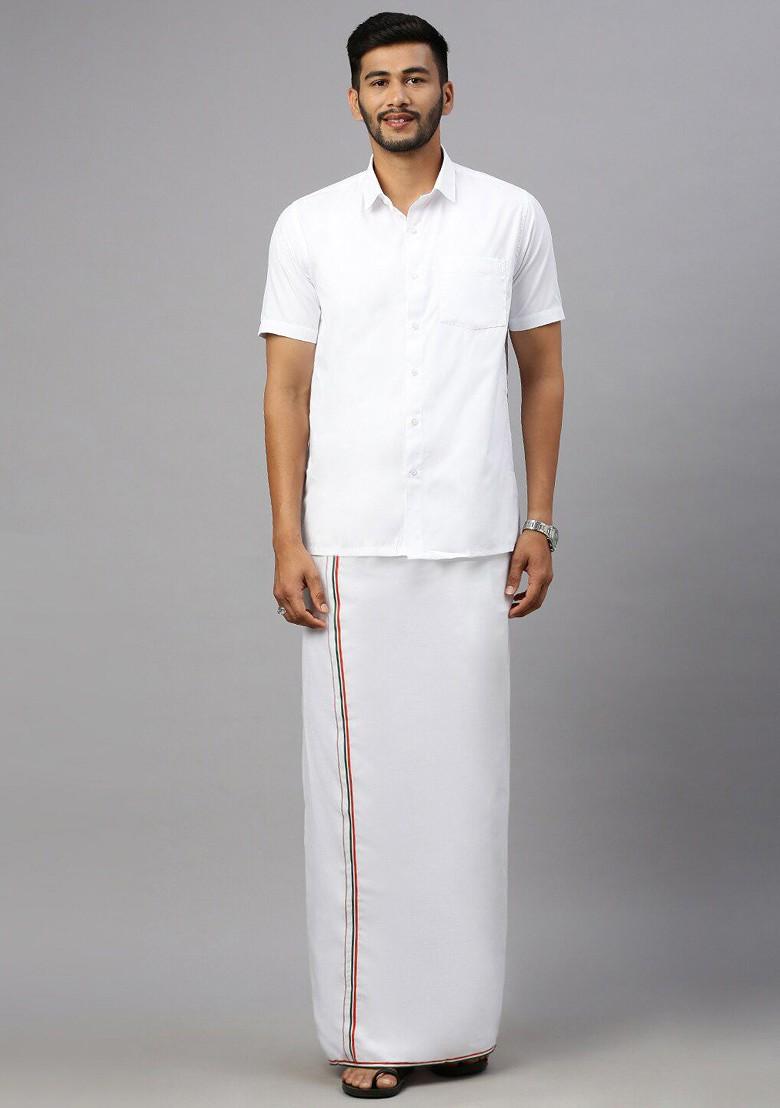 White Shirt Collar Short Sleeves Shirt With Veshti For Men