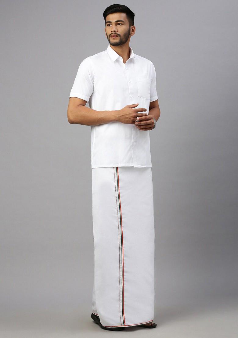 White Shirt Collar Short Sleeves Shirt With Veshti For Men