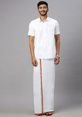 White Shirt Collar Short Sleeves Shirt With Veshti For Men