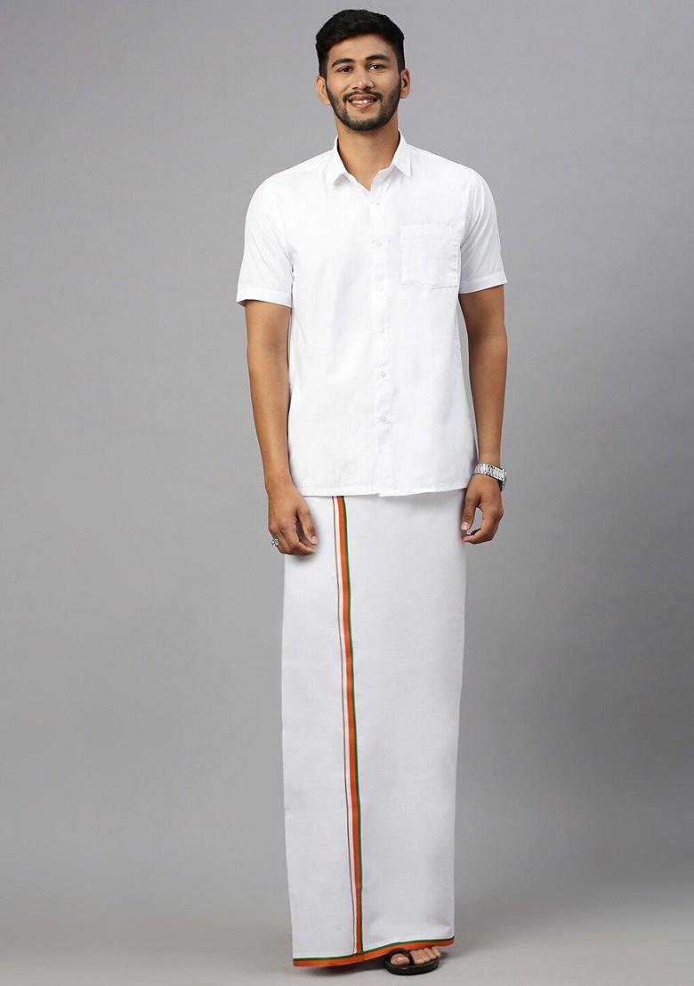 White Shirt Collar Short Sleeves Shirt With Veshti For Men