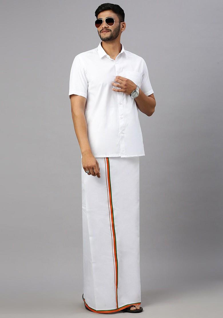 White Shirt Collar Short Sleeves Shirt With Veshti For Men