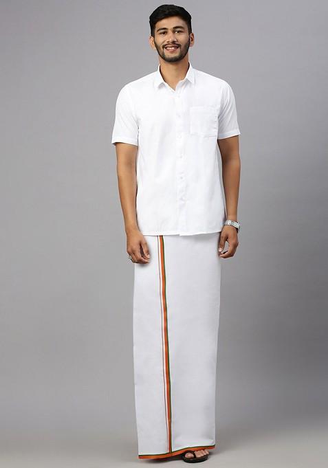 White Shirt Collar Short Sleeves Shirt With Veshti For Men
