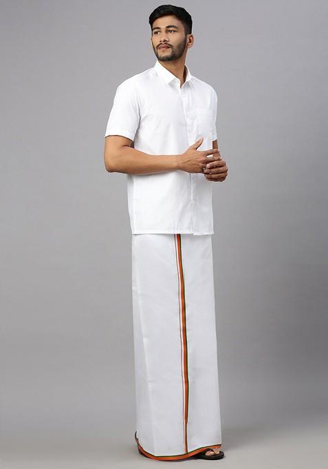White Shirt Collar Short Sleeves Shirt With Veshti For Men