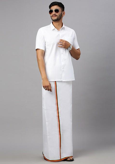 White Shirt Collar Short Sleeves Shirt With Veshti For Men
