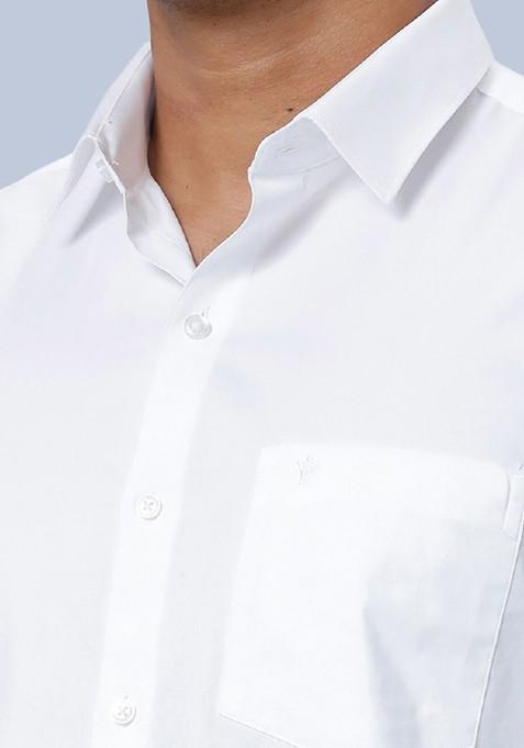 White Shirt Collar Short Sleeves Shirt With Veshti For Men