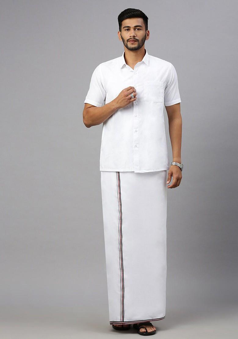 White Shirt Collar Short Sleeves Shirt With Veshti For Men
