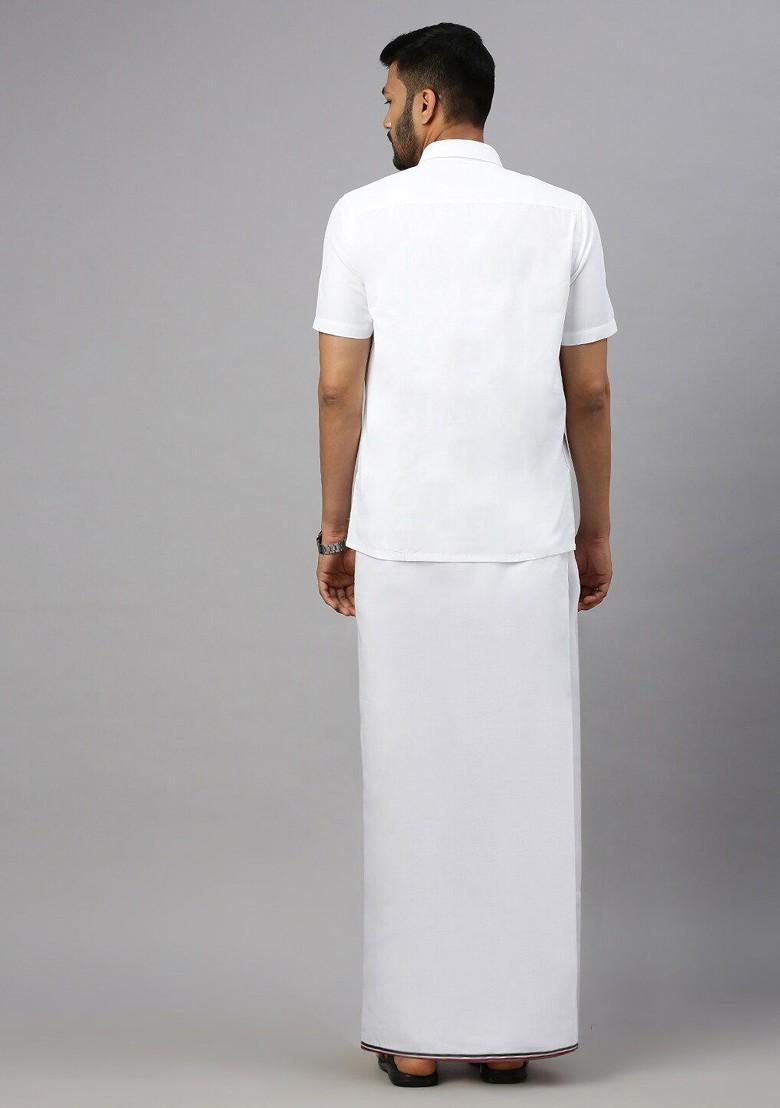 White Shirt Collar Short Sleeves Shirt With Veshti For Men