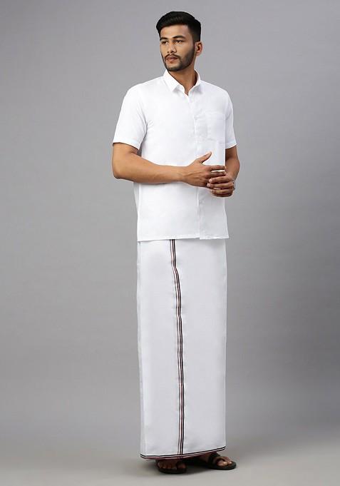 White Shirt Collar Short Sleeves Shirt With Veshti For Men