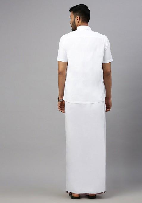 White Shirt Collar Short Sleeves Shirt With Veshti For Men