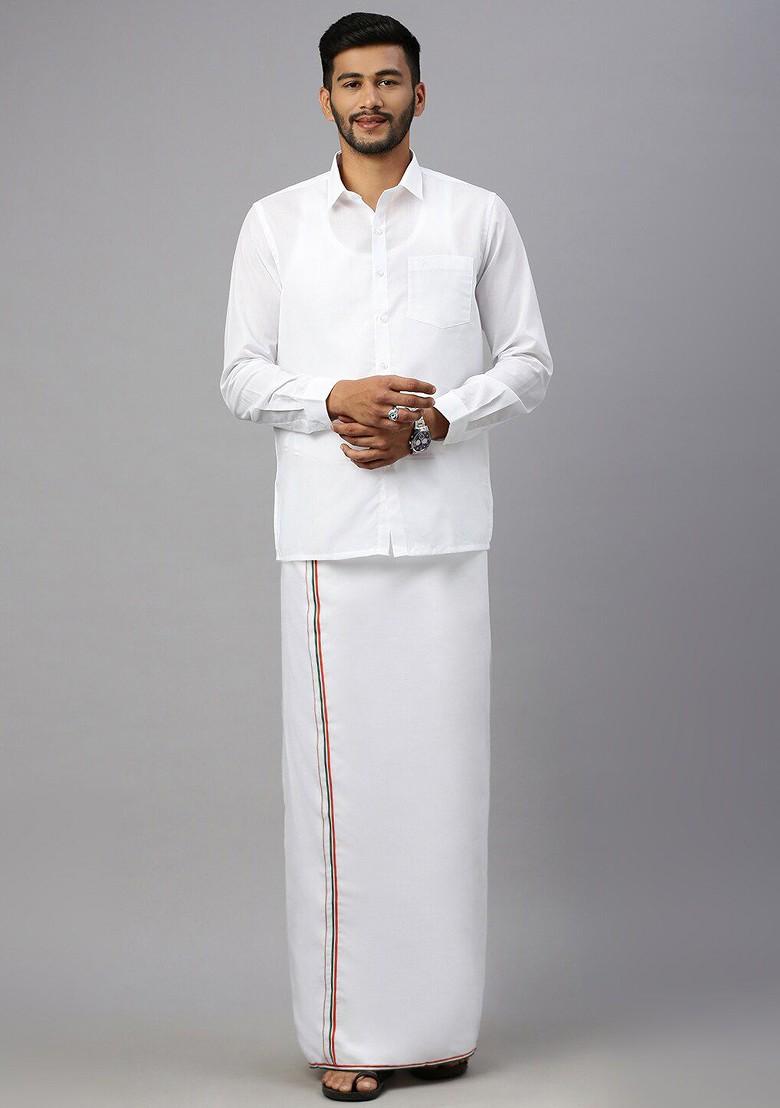 White Shirt Collar Long Sleeves Shirt With Veshti For Men