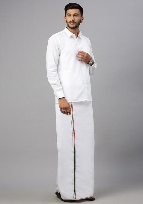 White Shirt Collar Long Sleeves Shirt With Veshti For Men