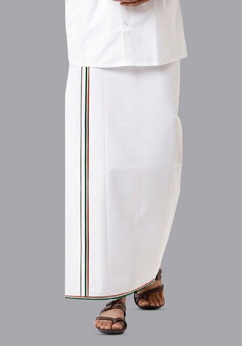 White Shirt Collar Long Sleeves Shirt With Veshti For Men