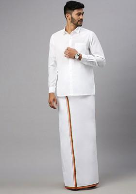 White Shirt Collar Long Sleeves Shirt With Veshti For Men