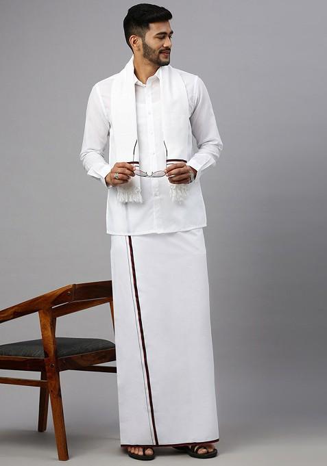 White Shirt Collar Long Sleeves Shirt With Veshti For Men