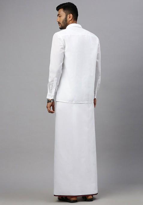 White Shirt Collar Long Sleeves Shirt With Veshti For Men