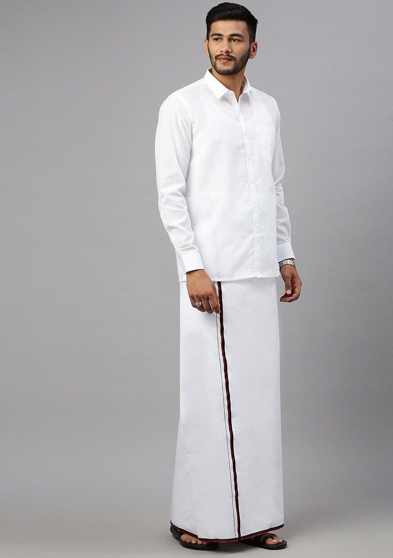 White Shirt Collar Long Sleeves Shirt With Veshti For Men