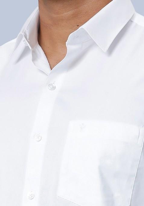White Shirt Collar Long Sleeves Shirt With Veshti For Men