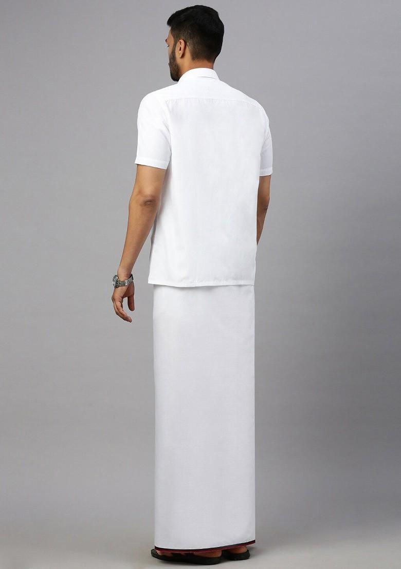 White Shirt Collar Short Sleeves Shirt With Veshti For Men