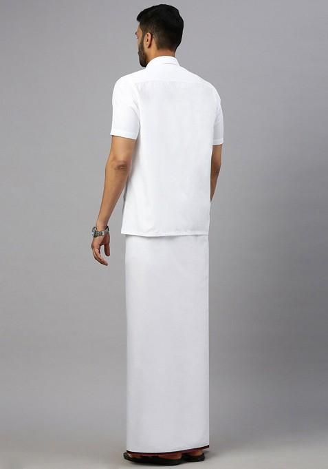White Shirt Collar Short Sleeves Shirt With Veshti For Men