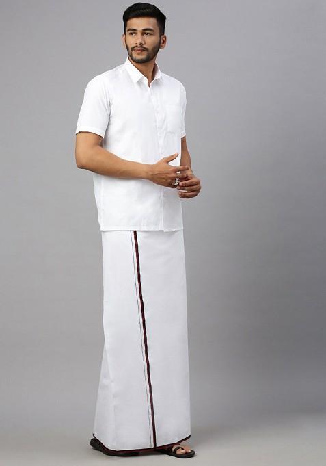 White Shirt Collar Short Sleeves Shirt With Veshti For Men