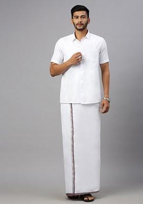 White Shirt Collar Short Sleeves Shirt With Veshti For Men