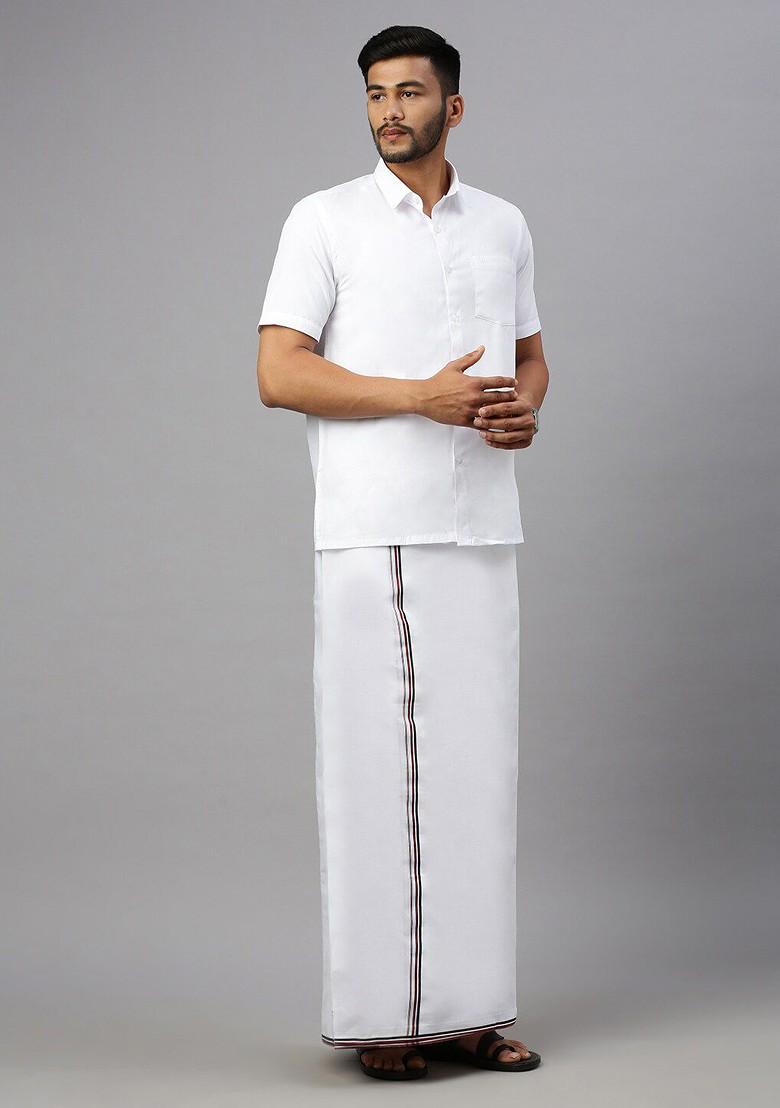 White Shirt Collar Short Sleeves Shirt With Veshti For Men